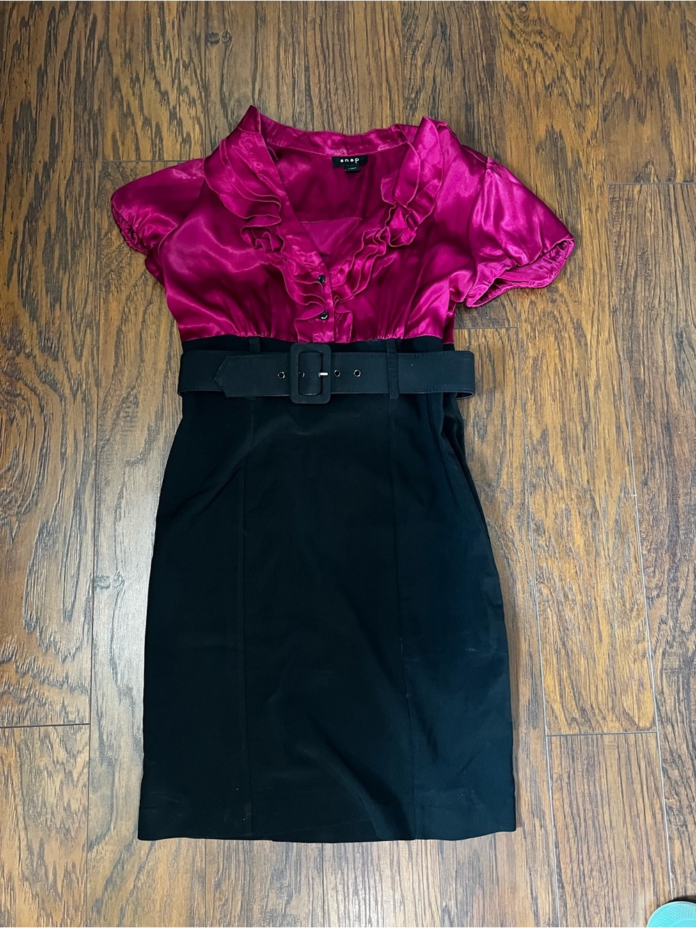 Snap Fuchsia Satin Ruffle-Neck Mini Dress with Black Skirt and Belt